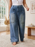 Plus Size High Waist Loose Wide-Leg Wash Cargo Denim Pants for Women