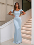 Fashion Light Blue Beaded Off Shoulder Mermaid Maxi Evening Dress