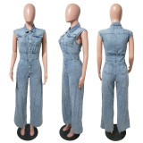 Washed Denim Slim Waist Stretch Straight-Leg Loose Jumpsuit