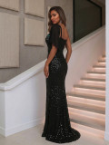 Black One-Shoulder Sequin Mermaid Maxi Evening Dress