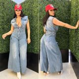 Washed Denim Slim Waist Stretch Straight-Leg Loose Jumpsuit