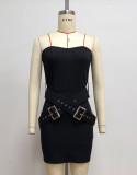 Black Strapless Double Buckle Belt Slim Waist Mini Evening Dress