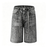 Full Rhinestone Beaded Knee-Length Straight Denim Shorts