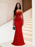 Fashion Strapless Sequin Ruched Slim Waist Mermaid Maxi Evening Dress