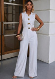Fashion Turndown Collar Sleeveless Button Straight Leg Wide-Leg Jumpsuit