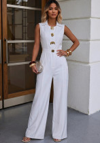 Fashion Turndown Collar Sleeveless Button Straight Leg Wide-Leg Jumpsuit Fashion Turndown Collar Sleeveless Button Straight Leg Wide-Leg Jumpsuit