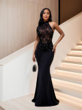 Fashion Lace Patchwork Halter Neck Low Back Mermaid Evening Dress