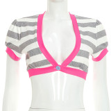 Spring/Summer Women's Sexy V-Neck Striped Button Cropped T-Shirt Top