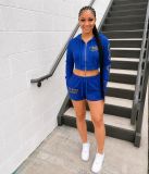 Print Casual Long Sleeve Jacket & Tie-Waist Shorts Set