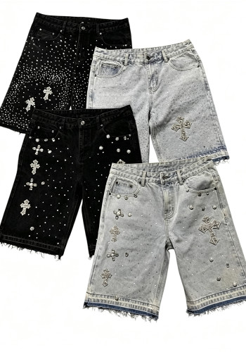 Full Rhinestone Beaded Knee-Length Straight Denim Shorts