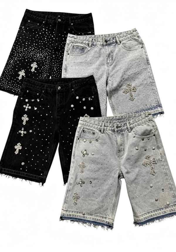 Full Rhinestone Beaded Knee-Length Straight Denim Shorts