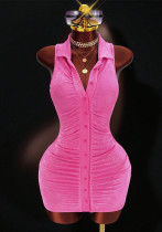 Women's American Sleeveless Turndown Collar Ruched Slim Fit Bodycon Mini Dress
