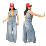 Washed Denim Slim Waist Stretch Straight-Leg Loose Jumpsuit