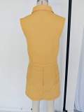 Summer Women's Casual Solid Sleeveless Button Neck Top & Back-Zip Mini Skirt Two-Piece Set