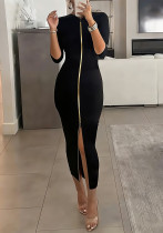 Women's Fashion Solid Slim Waist Slim Fit Half-Sleeve Zip Bodycon Dress Women's Fashion Solid Slim Waist Slim Fit Half-Sleeve Zip Bodycon Dress