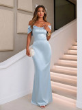 Fashion Light Blue Beaded Off Shoulder Mermaid Maxi Evening Dress