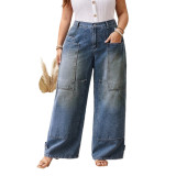 Plus Size High Waist Loose Wide-Leg Wash Cargo Denim Pants for Women