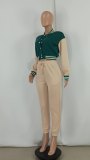 Women contrasting color baseball top and pant two-piece set