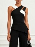 Women sexy black and white color-blocked cross strap halter top and wide-leg pants two-piece set
