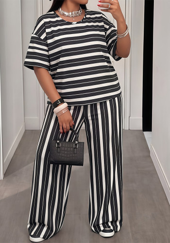 Plus Size Women Casual black and white striped print short-sleeved top and wide-leg pants two-piece set
