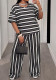 Plus Size Women Casual black and white striped print short-sleeved top and wide-leg pants two-piece set