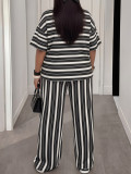 Plus Size Women Casual black and white striped print short-sleeved top and wide-leg pants two-piece set