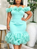 Plus Size Women Off-Shoulder Strapless Mesh Ruffle Elegant Fishtail Bodycon Dress