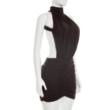 Women Summer High Neck Sleeveless Sexy Backless Pleated Bodycon Dress