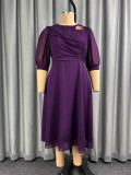 Plus Size Women Deep Purple Chiffon Bubble Three-Quarter Sleeve Dress