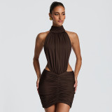 Women Summer High Neck Sleeveless Sexy Backless Pleated Bodycon Dress