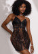 Women Heart Print Lace Mesh Rhinestone Chain Shoulder Strap V-Neck Bow See-Through Nightgown