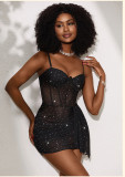 Women Sequin Mesh Nightgown Soft Underwire Padded Bra Fishbone Waist Bodycon Sexy Slip Dress