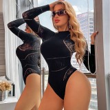 Women Sexy Hollow-Out Printed Long-Sleeved Mesh Bodysuit