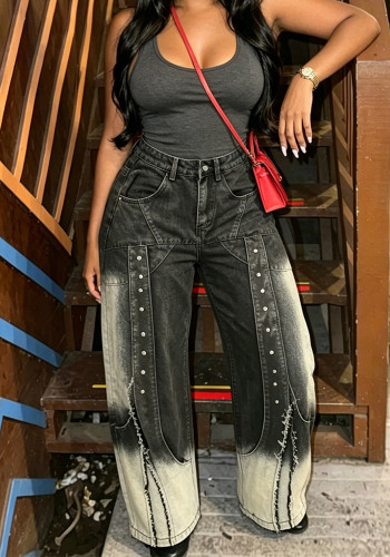 Women Gradient Rivet Patchwork Denim Wide-Leg Pant