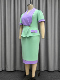 Plus Size Women Mint Green Color Block Elegant Bodycon Dress
