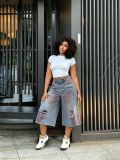 Women Ripped Wide-Leg 7/8 Denim Pants