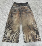 Women Tiger and Leopard Print Patchwork Denim Wide-Leg Pants