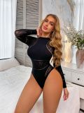 Women Sexy Hollow-Out Printed Long-Sleeved Mesh Bodysuit
