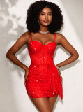 Women Sequin Mesh Nightgown Soft Underwire Padded Bra Fishbone Waist Bodycon Sexy Slip Dress
