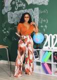 Women Autumn/Winter Elegant Top and Printed Wide-Leg Pants Two-Piece Set
