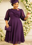 Plus Size Women Deep Purple Chiffon Bubble Three-Quarter Sleeve Dress