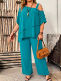Plus Size Women summer Casual short-sleeved top and pant two-piece set