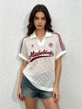 Women American Letter Check Turndown Collar Short-Sleeved Hollow-Out Knitting Casual Top