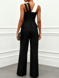 Women sexy black and white color-blocked cross strap halter top and wide-leg pants two-piece set