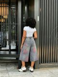 Women Ripped Wide-Leg 7/8 Denim Pants