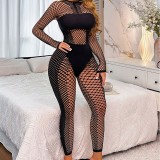 Women Mesh Hollow-Out Sexy Long-Sleeved Bodysuit