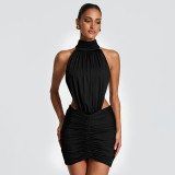 Women Summer High Neck Sleeveless Sexy Backless Pleated Bodycon Dress
