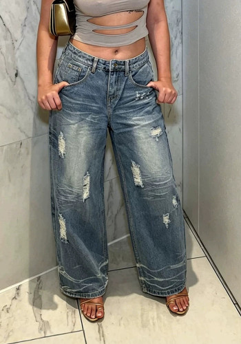 Women Washed Ripped Whiskered Denim Pant