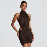 Women Summer High Neck Sleeveless Sexy Backless Pleated Bodycon Dress
