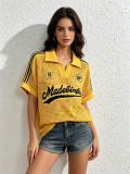 Women American Letter Check Turndown Collar Short-Sleeved Hollow-Out Knitting Casual Top
